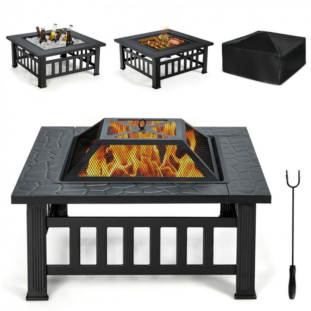 32" Square Fire Pit Table with BBQ Grill and Rain Cover