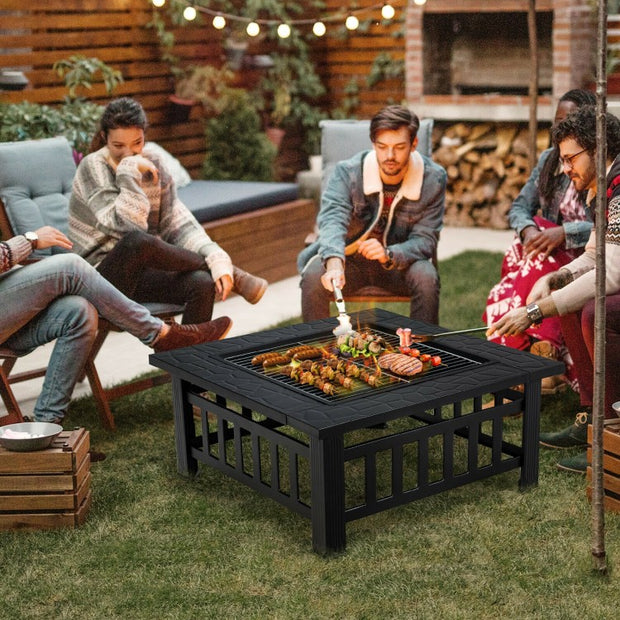 32" Square Fire Pit Table with BBQ Grill and Rain Cover