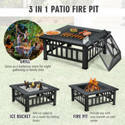 32" Square Fire Pit Table with BBQ Grill and Rain Cover