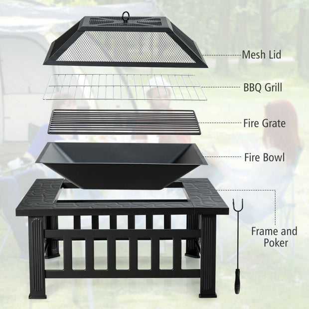 32" Square Fire Pit Table with BBQ Grill and Rain Cover