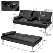 Convertible Leather Sofa Bed with Cup Holders and Armrests