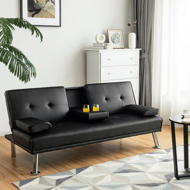 Convertible Leather Sofa Bed with Cup Holders and Armrests