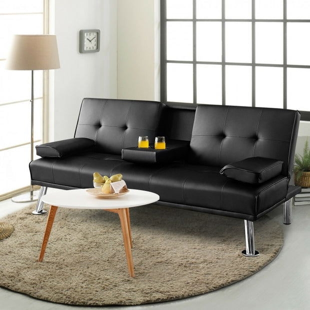 Convertible Leather Sofa Bed with Cup Holders and Armrests