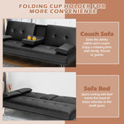 Convertible Leather Sofa Bed with Cup Holders and Armrests