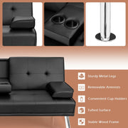 Convertible Leather Sofa Bed with Cup Holders and Armrests