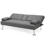 Convertible Fabric Sofa Bed with Cup Holders and Armrests