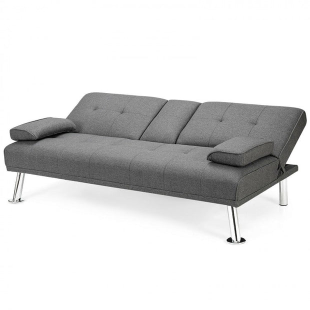 Convertible Fabric Sofa Bed with Cup Holders and Armrests