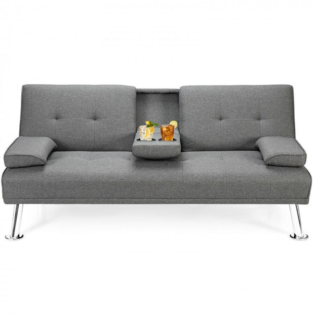 Convertible Fabric Sofa Bed with Cup Holders and Armrests