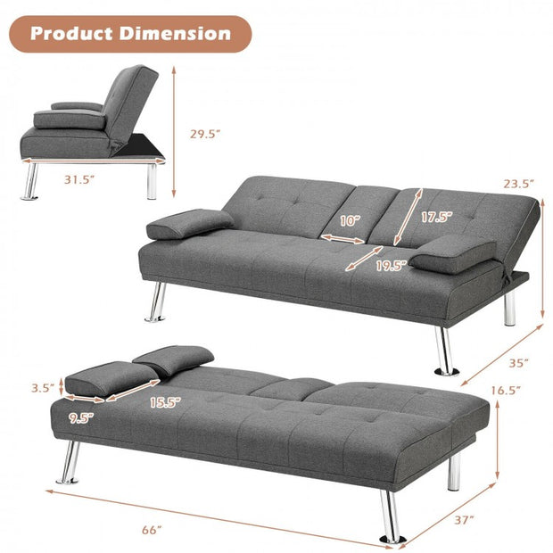 Convertible Fabric Sofa Bed with Cup Holders and Armrests