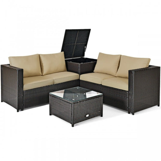 4pc Outdoor Patio Rattan Furniture Set with Loveseat and Storage Box