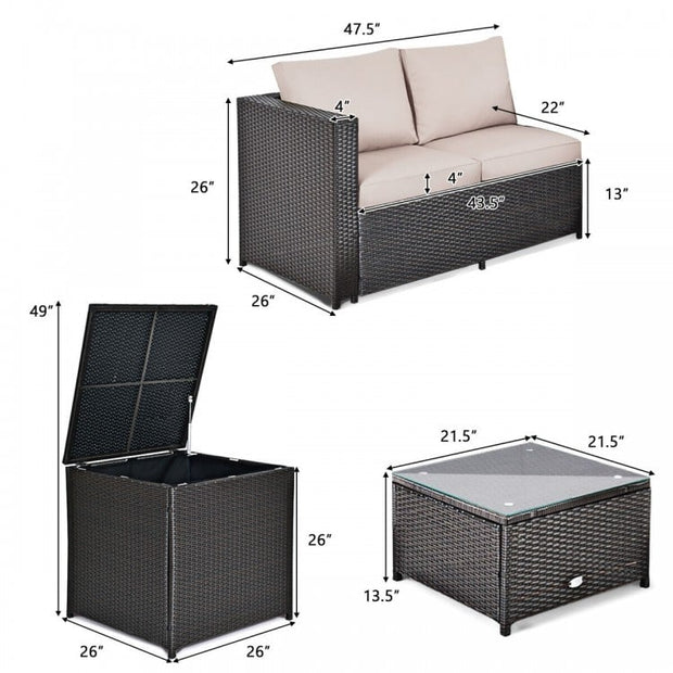 4pc Outdoor Patio Rattan Furniture Set with Loveseat and Storage Box