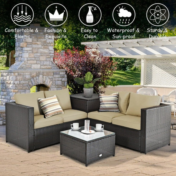 4pc Outdoor Patio Rattan Furniture Set with Loveseat and Storage Box