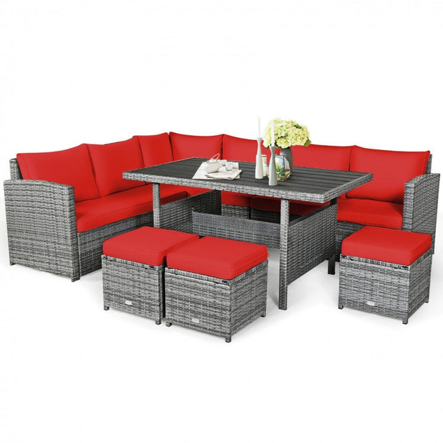 7 Pieces Outdoor Wicker Sectional Sofa Set with Dining Table