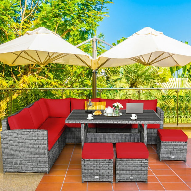 7 Pieces Outdoor Wicker Sectional Sofa Set with Dining Table