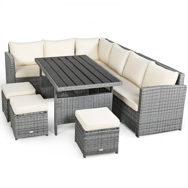 7 Pieces Outdoor Wicker Sectional Sofa Set with Dining Table