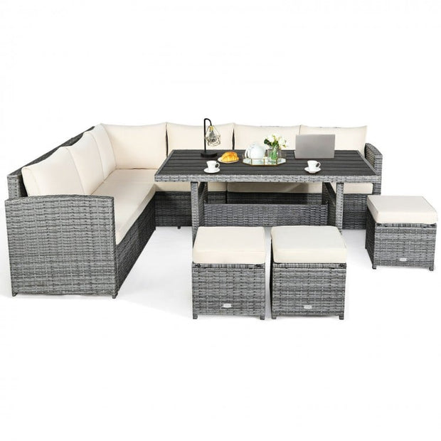 7 Pieces Outdoor Wicker Sectional Sofa Set with Dining Table