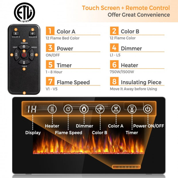 36" Ultra Thin Wall Mounted Electric Fireplace