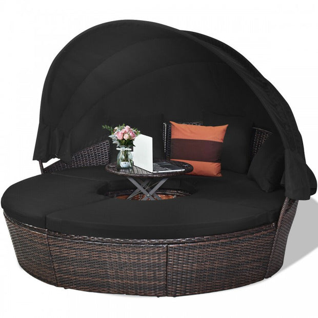 Round Patio Daybed with Retractable Canopy and Coffee Table