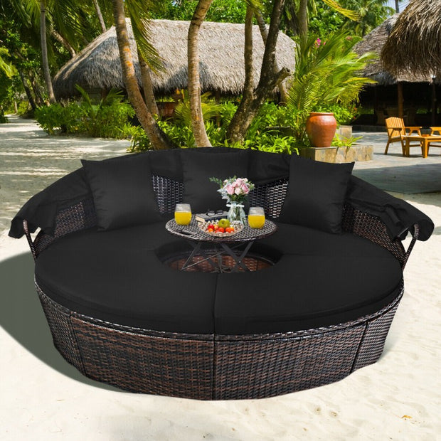 Round Patio Daybed with Retractable Canopy and Coffee Table