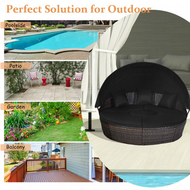 Round Patio Daybed with Retractable Canopy and Coffee Table