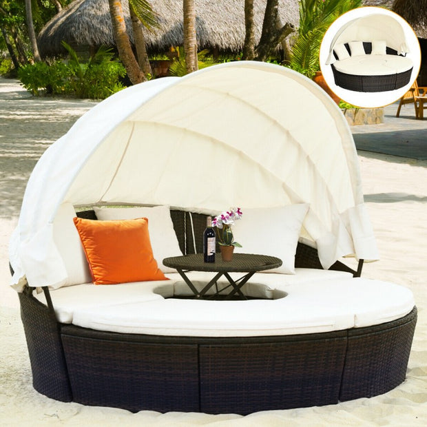 Round Patio Daybed with Retractable Canopy and Coffee Table