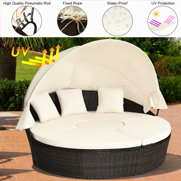 Round Patio Daybed with Retractable Canopy and Coffee Table