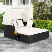 Patio Rattan Daybed with Retractable Canopy and Side Tables