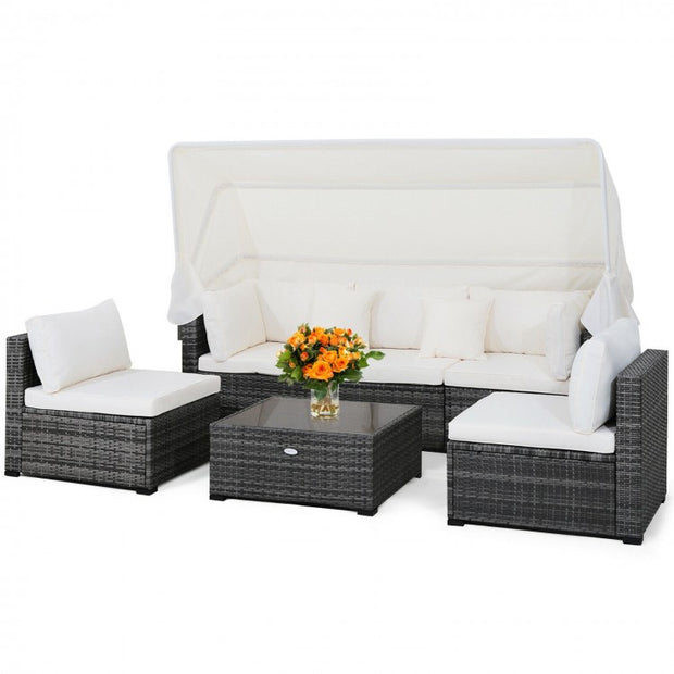 Patio Rattan Furniture Set with Retractable Canopy