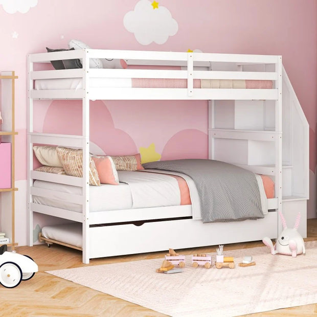 3-in-1 Bunk Bed with Guard Rail and 4-Step Storage Stairs