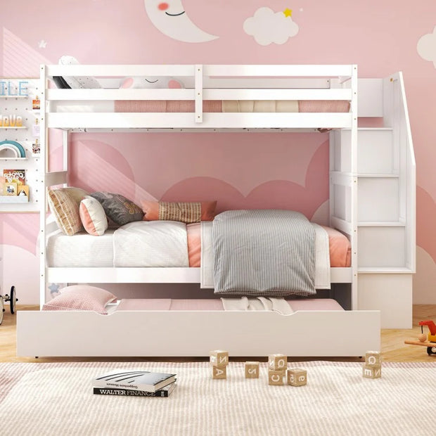 3-in-1 Bunk Bed with Guard Rail and 4-Step Storage Stairs
