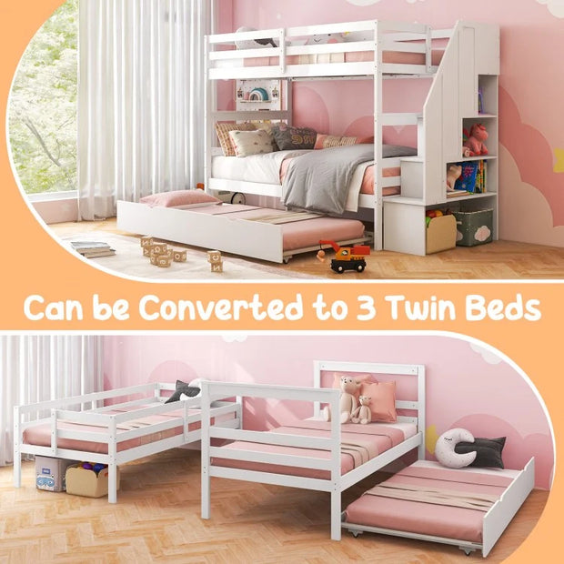 3-in-1 Bunk Bed with Guard Rail and 4-Step Storage Stairs