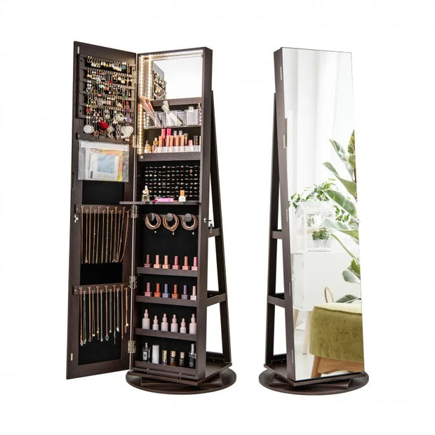360° Rotating Mirror Lockable Jewelry Cabinet Armoire 3 Color LED Modes