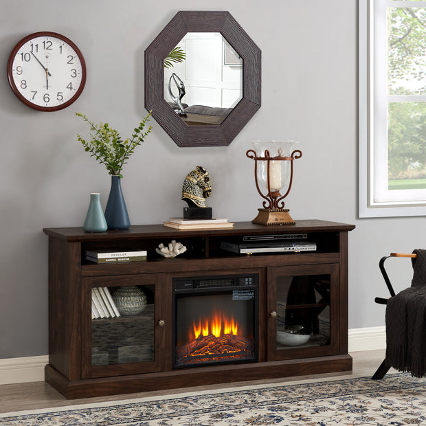 Modern TV Stand with Built-in Fireplace for TVs Up to 65" (Brown)