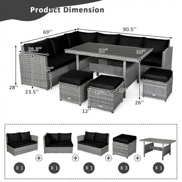 7 Pieces Outdoor Wicker Sectional Sofa Set with Dining Table