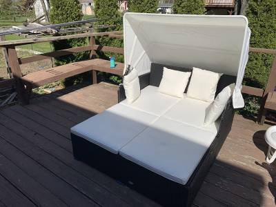 Patio Rattan Daybed with Retractable Canopy and Side Tables