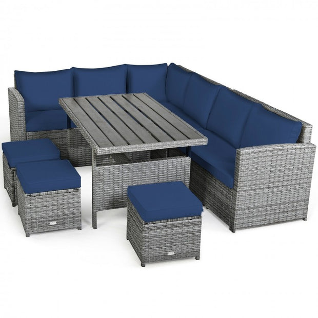 7 Pieces Outdoor Wicker Sectional Sofa Set with Dining Table