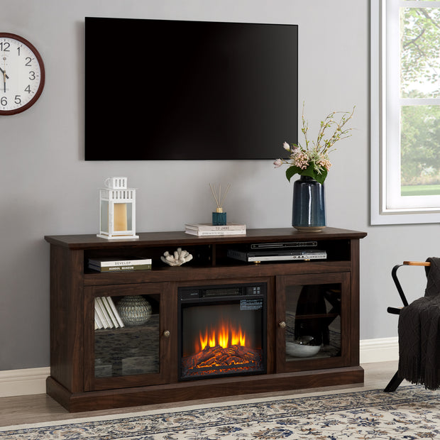 Modern TV Stand with Built-in Fireplace for TVs Up to 65" (Brown)