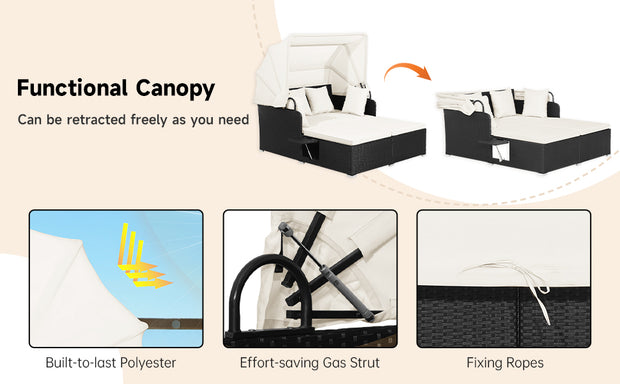 Patio Rattan Daybed with Retractable Canopy and Side Tables