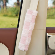 Plush Checkered Seat Belt Cover - Pink & White / Beige | Comfortable & Stylish Car Seatbelt Pads | Home Auto Accessories