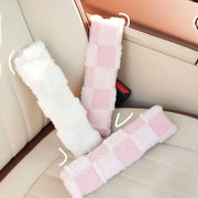 Plush Checkered Seat Belt Cover - Pink & White / Beige | Comfortable & Stylish Car Seatbelt Pads | Home Auto Accessories