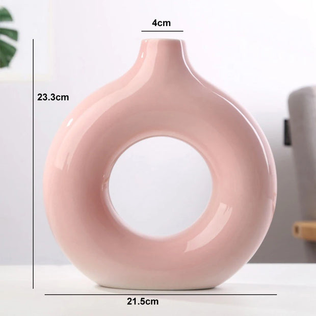 Nordic Circular Hollow Ceramic Donut Vase - Modern Home and Office Decor