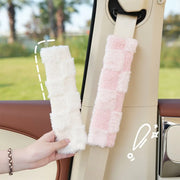 Plush Checkered Seat Belt Cover - Pink & White / Beige | Comfortable & Stylish Car Seatbelt Pads | Home Auto Accessories