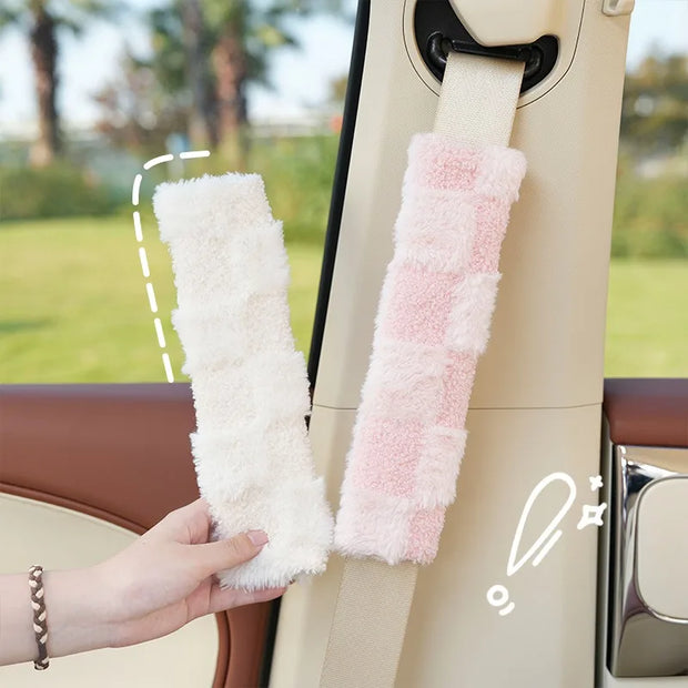 Plush Checkered Seat Belt Cover - Pink & White / Beige | Comfortable & Stylish Car Seatbelt Pads | Home Auto Accessories