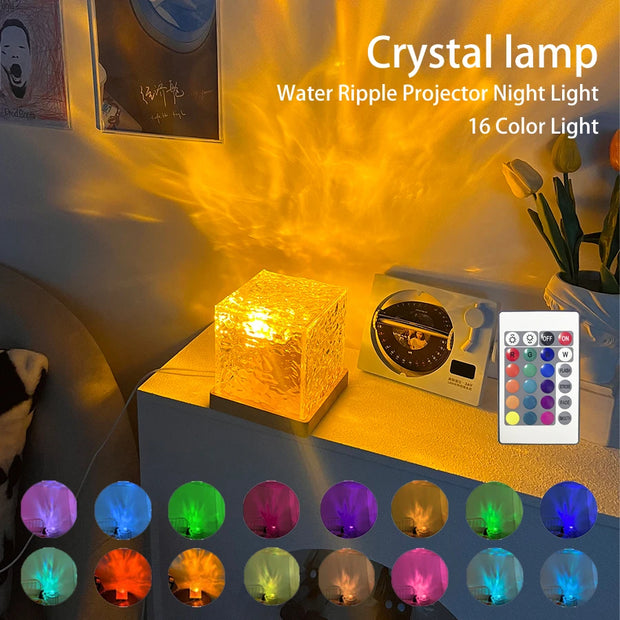 16-Color Water Ripple Projector Night Light | Flame Crystal Lamp with Remote | Home Décor, Relaxation, and Gift for All Occasions