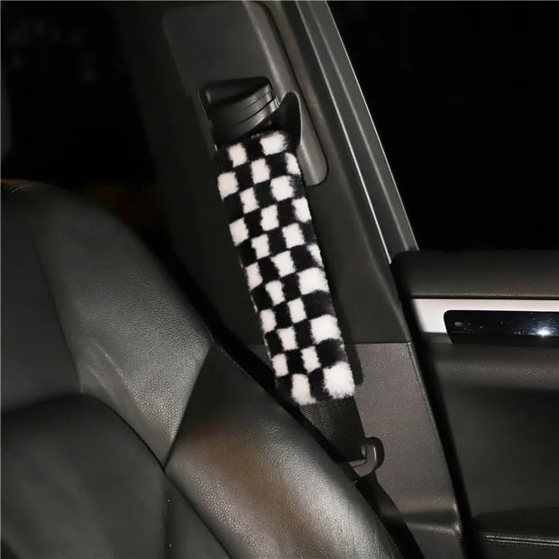 Black & White Checkered Car Seat Belt Covers – 2-Pack Stylish Shoulder Pads for Interior Protection