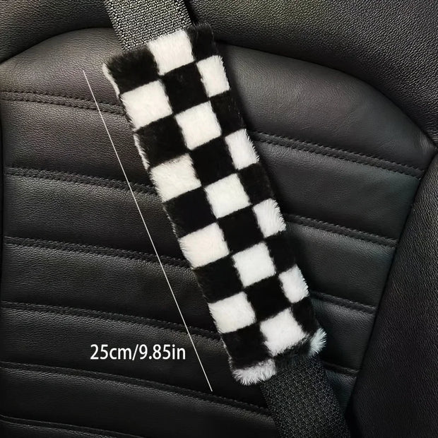 Black & White Checkered Car Seat Belt Covers – 2-Pack Stylish Shoulder Pads for Interior Protection