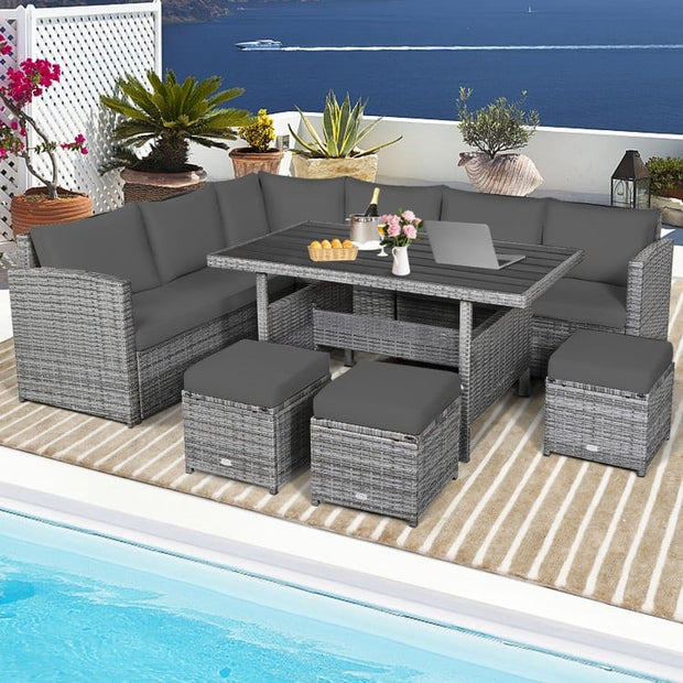 7 Pieces Outdoor Wicker Sectional Sofa Set with Dining Table