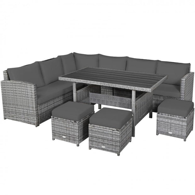 7 Pieces Outdoor Wicker Sectional Sofa Set with Dining Table