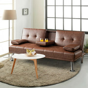 Convertible Leather Sofa Bed with Cup Holders and Armrests