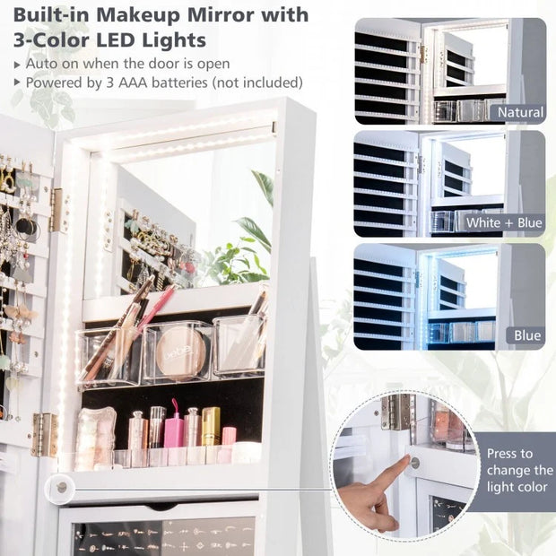 360° Rotating Mirror Lockable Jewelry Cabinet Armoire 3 Color LED Modes